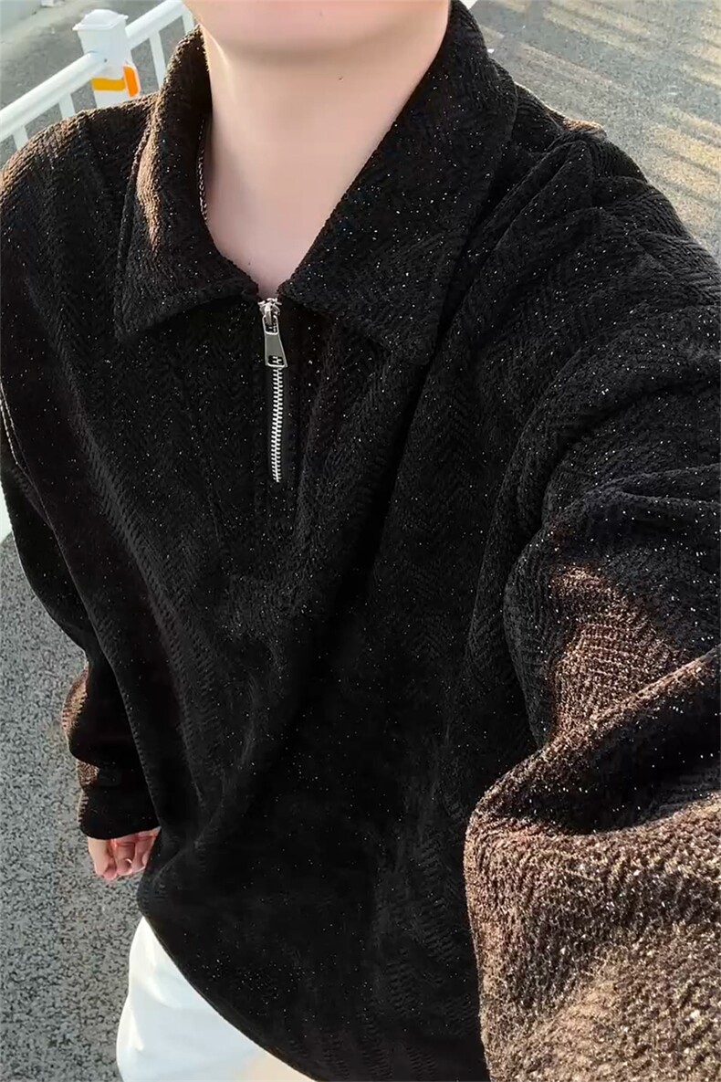 雪尼尔满天星半拉链翻领卫衣大码高级Polo衫外套LW610特P50加绒60,男装Polo衫,电商B215
