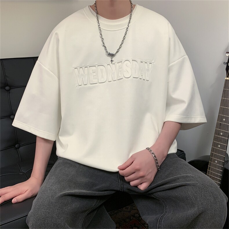 T131/P30麂皮绒短袖t恤男夏季美式重磅钢印oversize宽松半袖体恤,男装T恤,电商基地A050