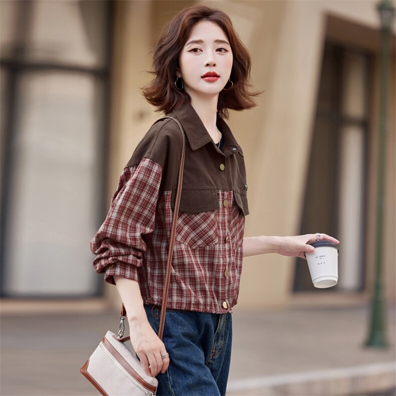 【秋新上市】复古格纹拼接外套时髦秋装短外套~2024年秋季新品,女装短外套,慕依路