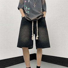 裤子2023新款夏装休闲短裤男港风休闲裤宽松直筒N05533-P40，男装牛仔裤，星座308B-1