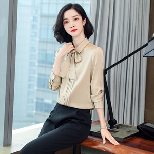 重磅真丝衬衫女长袖2023年秋季新款设计感小众飘带高端真丝上衣,女装衬衫,阿舍尔精品