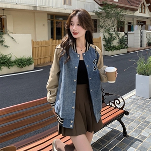 独特超好看牛仔拼接棒球服外套女春2025新款美式休闲宽松夹克上衣图片