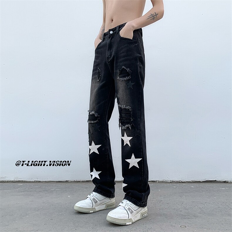 B221美式ins高街小众五角星假破洞小脚牛仔裤LK23027-P65控88,男装牛仔裤,电商B221