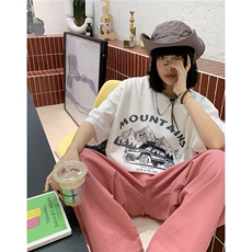 情侣装夏季新款美式复古麂皮绒机车印花圆领宽松半袖T恤D297P38，男装T恤，电商A335-1（原A458）