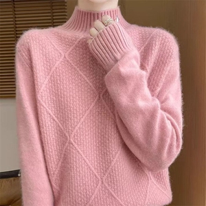 2025秋冬季100%纯羊毛衫女半高领菱形提花毛衣宽松长袖羊绒衫打底图片