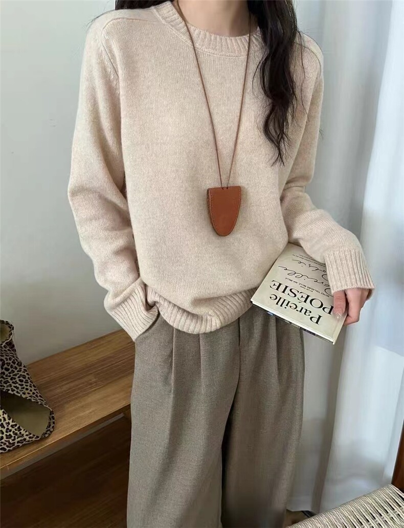 时尚百搭纯毛马鞍肩圆领针织衫女款秋冬显瘦保暖毛衣,针织衫/毛衣,百纯羊绒