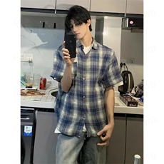 美式蓝色格子短袖衬衫男夏季新款格纹衬衣休闲风宽松翻领薄外套男，男装T恤，四季星座505
