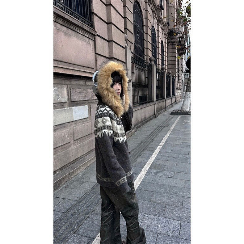重磅北极绒座山雕大毛毛领毛衣外套冬美式复古休闲慵懒风针织开衫,男装针织衫/毛衣,电商A486