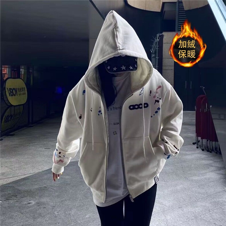 秋冬加绒GOOD刺绣连帽开衫外套泼墨宽松轻奢卫衣WY53P53,女装短外套,星座1013-5