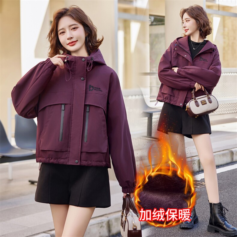 紫色加绒派克服棉服女短款2024冬季新款加厚保暖休闲连帽工装外套,女装棉衣/棉服,悦祺