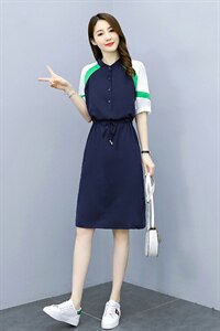 2021夏季新款简约时尚气质圆领撞色休闲舒适系带收腰连衣裙图片