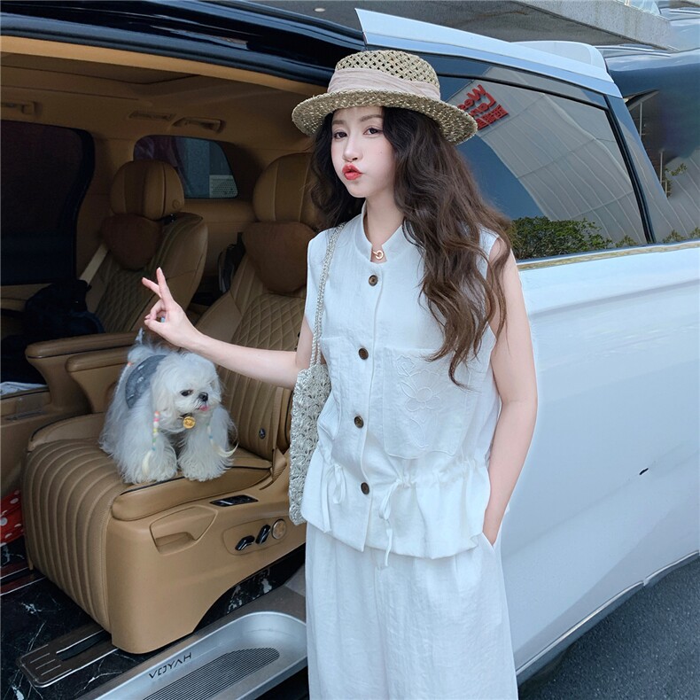 轻熟气质套装裤2026夏季新款高级感刺绣无袖马甲阔腿裤两件套,女装套装/套裙,冬木谷雨