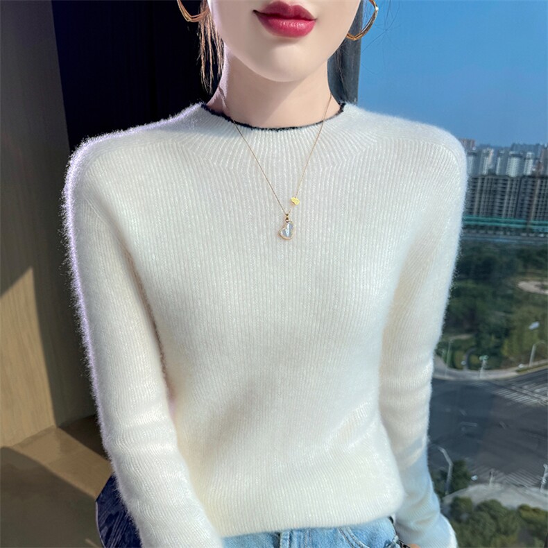 2025时尚百搭简约一线花边领针织衫，女装针织衫/毛衣，美轩羊绒