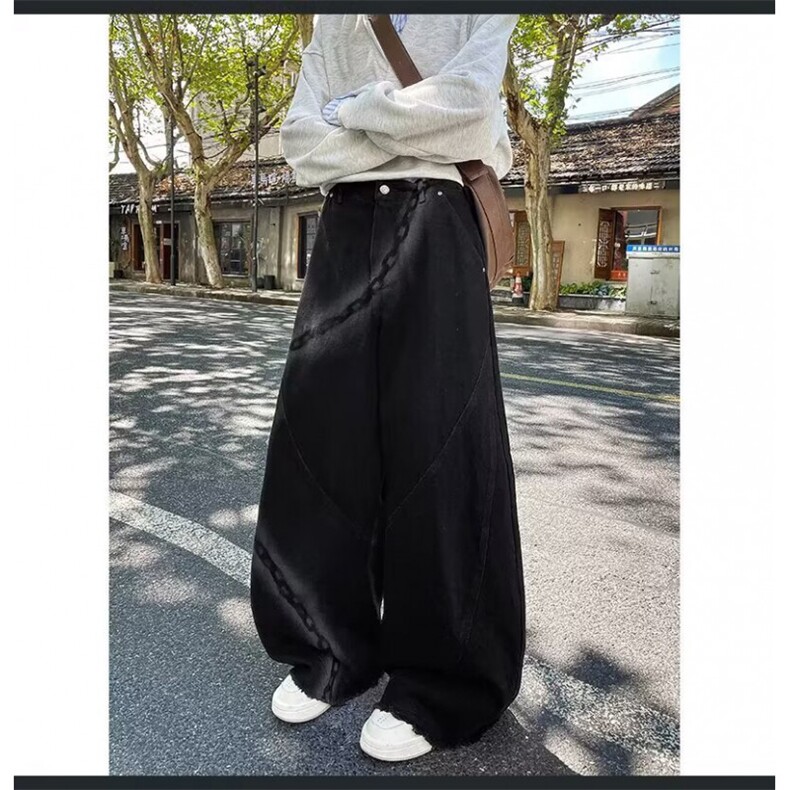 水洗做旧阔腿弯刀牛仔裤男女宽松美式设计垂感解构松弛感裤子,男装牛仔裤,四季星座505