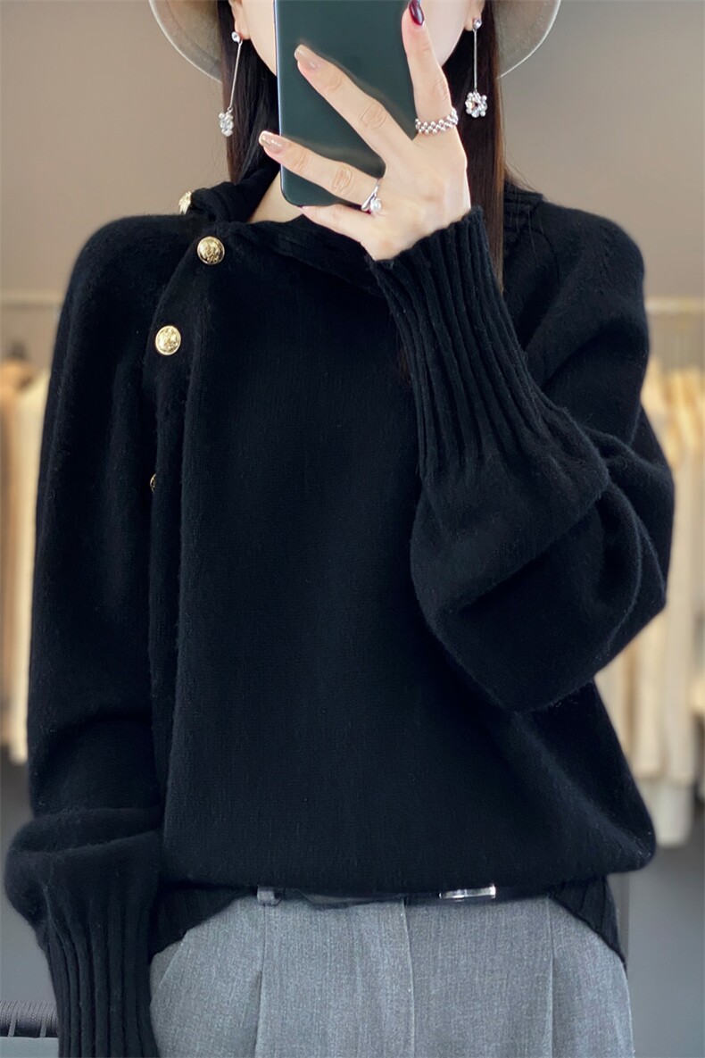 100%羊毛衫女高领纽扣加厚长袖毛衣宽松半开领羊绒衫针织打底上衣,女装羊毛衫,忠诺羊绒