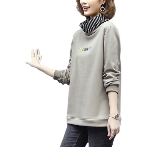 时尚宽松半高领字母印花加绒卫衣女款春装新款，女装卫衣/绒衫，丽影随形