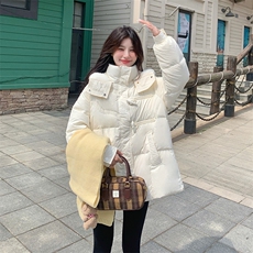 韩版短款连帽米白色羽绒服女2025冬季新款收腰显瘦保暖白鸭绒外套，女装羽绒服，蝶眷