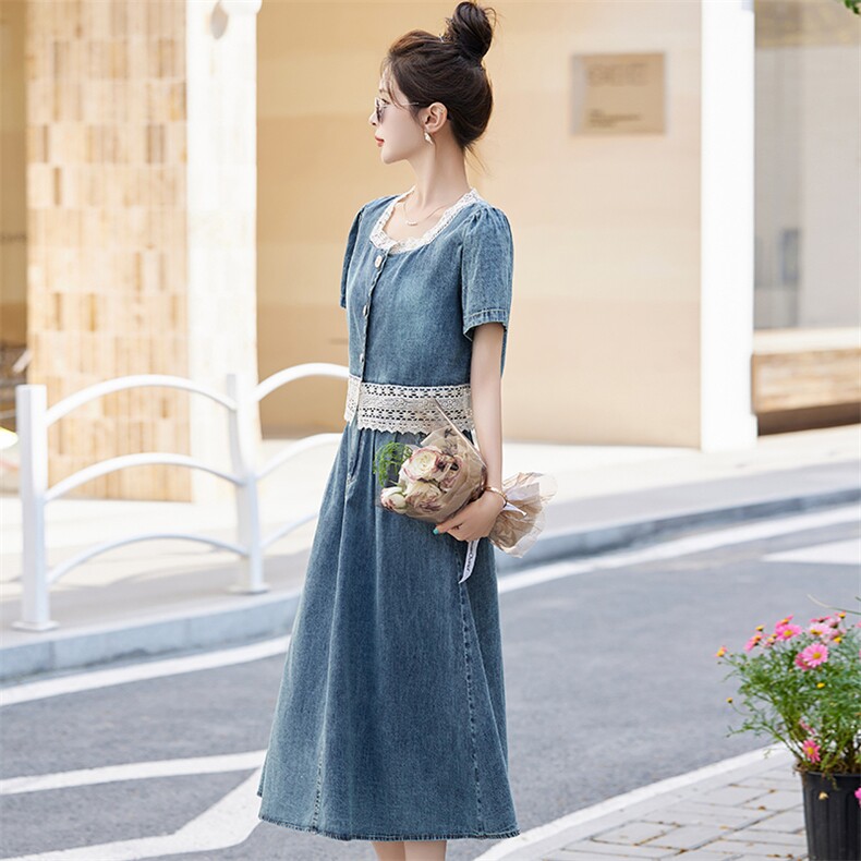 现货牛仔蕾丝花边套装裙女2024夏季新款洋气时尚复古牛仔两件套,女装套装/套裙,魅影