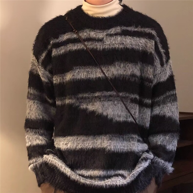 7196-P57仿貂绒条纹复古毛衣男秋冬显瘦慵懒松弛感圆领套头,男装针织衫/毛衣,电商B323A