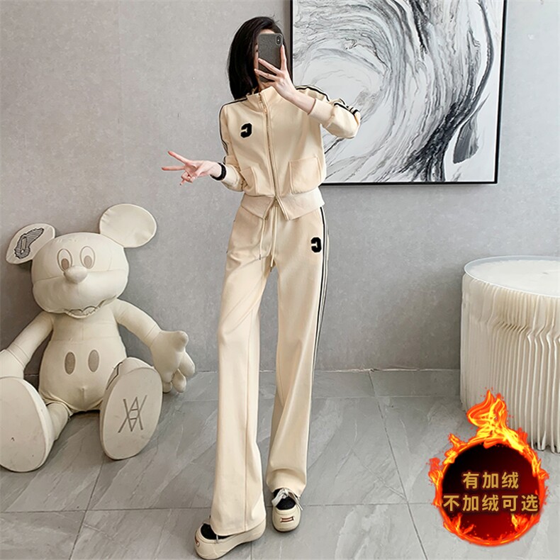 时尚拼接条纹开衫卫衣+阔腿长裤两件套潮流显瘦休闲套装,女装套装/套裙,江南