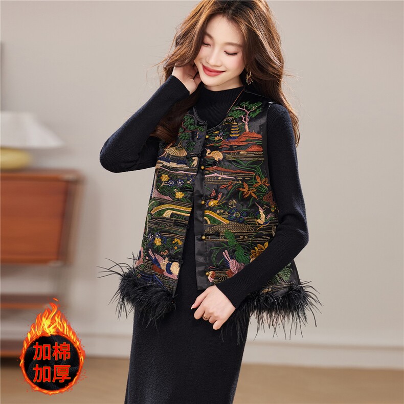 冬季新款加棉新中式圆领整身刺绣盘扣真毛可拆卸洋气两件套装裙女，女装套装/套裙，宝儿家