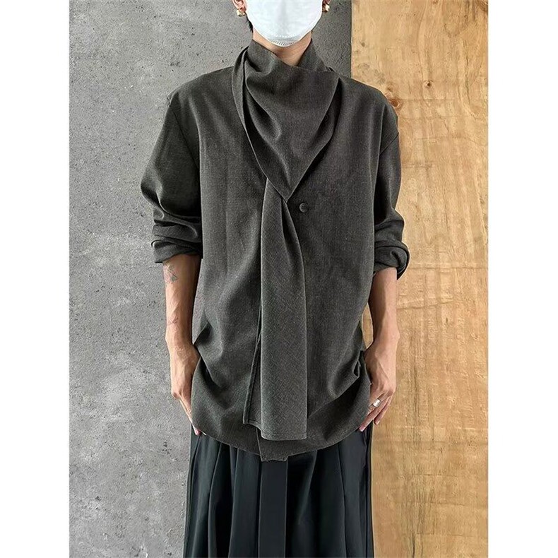 标准青少年新款常规慵懒秋季简约潮长袖衬衫围脖设计不规则复古,男装衬衫,星座506A