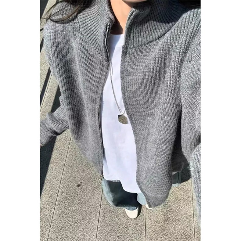 灰色双拉链立领开衫毛衣男款秋季半高领针织衫慵懒风外套ML106,男装针织衫/毛衣,星座1116A（原606A-3）