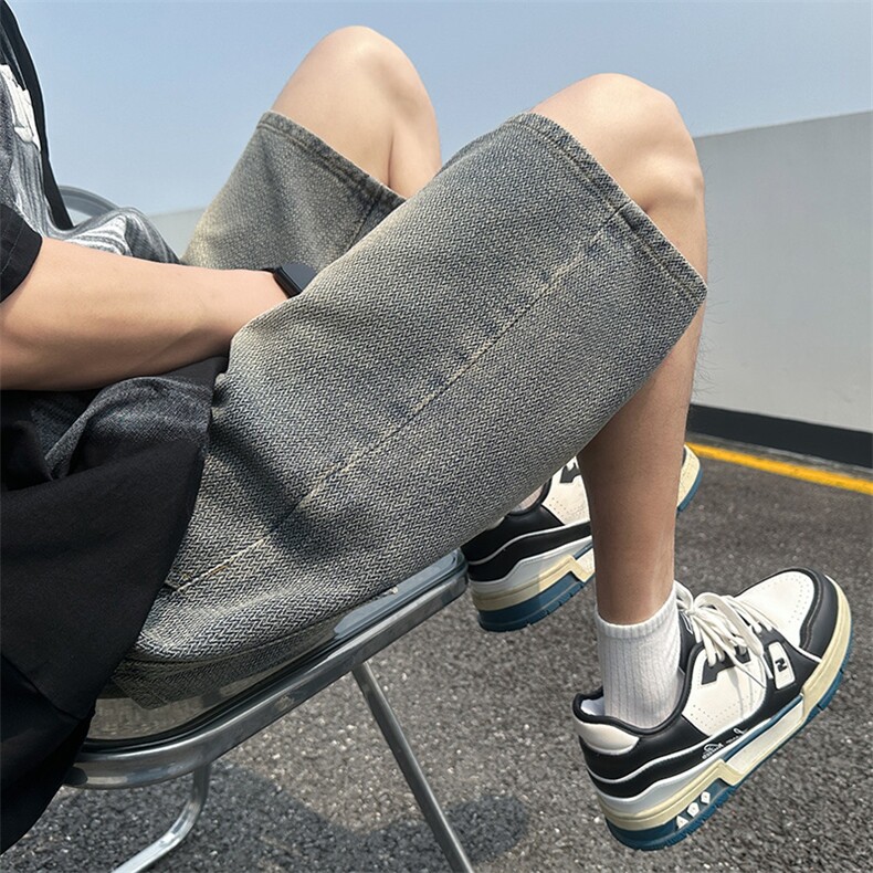 美式阔腿牛仔裤春夏款男休闲宽松直筒抽绳短裤百搭高街潮D3#-P40,男装牛仔裤,电商A178