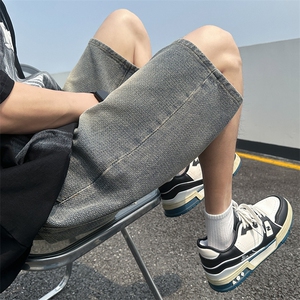 美式阔腿牛仔裤春夏款男休闲宽松直筒抽绳短裤百搭高街潮D3#-P40图片
