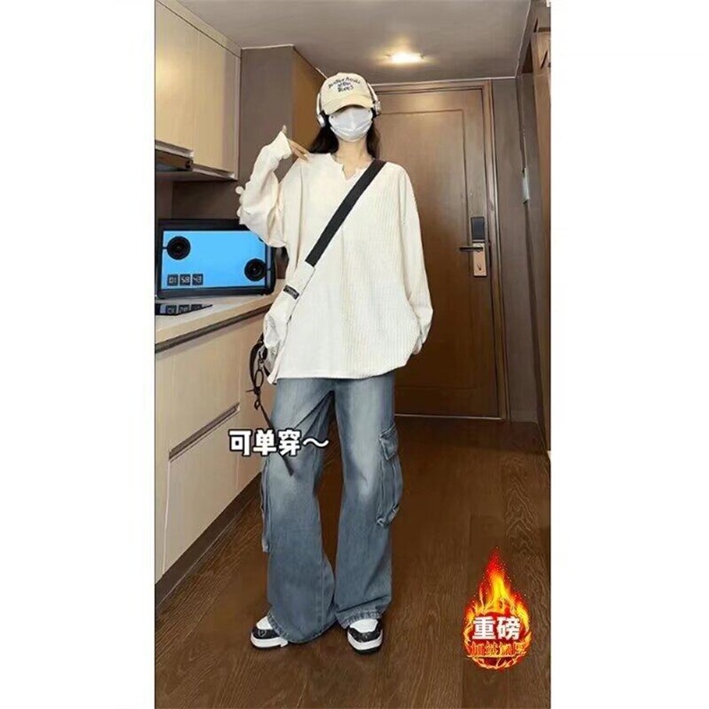 肌理感V领长袖T恤春秋季潮牌宽松重磅上衣痞帅高级感内搭打底衫,男装T恤,星座506A