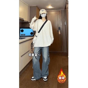 肌理感V领长袖T恤春秋季潮牌宽松重磅上衣痞帅高级感内搭打底衫图片