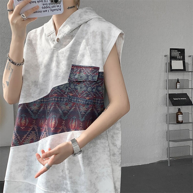 DX10139-特批36控75撞色拼接百搭宽松连帽短袖大码T恤背心，男装背心/马甲，电商A059