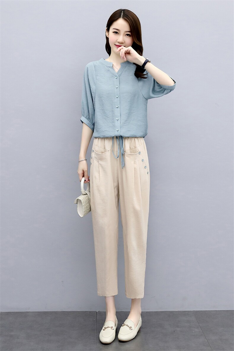 小个子棉麻套装女2025夏季新款休闲时尚妈妈气质遮肚子亚麻两件套,女装套装/套裙,关键词