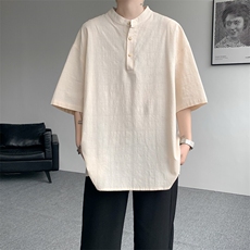 8XL-M中式立领棉麻T恤特大码亨利领亚麻短袖polo衫半袖DX1210/P45，男装T恤，电商B238
