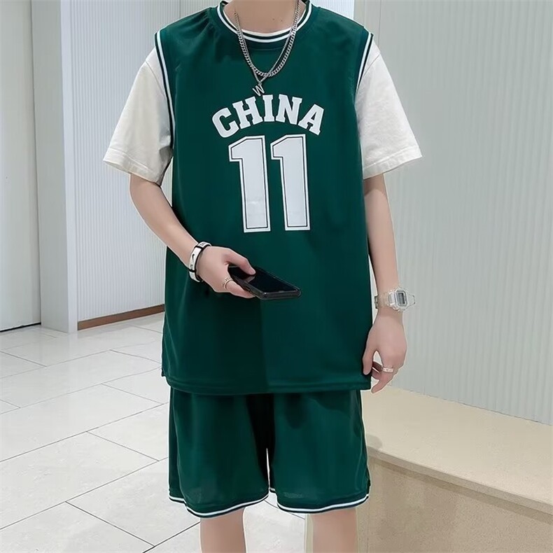 篮球服短袖套装男夏季港风假两件t恤宽松短裤情侣运动休闲两件套,男装T恤,星座1013
