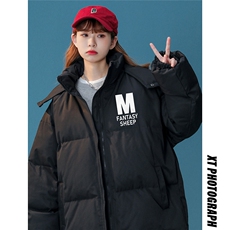 中性风22冬季新款设计感M印花加厚连帽面包服棉衣MY204P115控158，男装棉衣，A247A