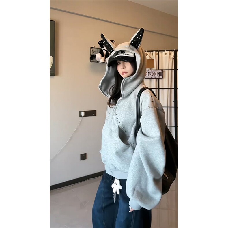 抖音得物高品质26春装美式高街铆钉杜宾犬耳朵开衫卫衣外套W125,女装短外套,电商A486