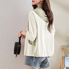 时尚印花拼接短款连帽防晒衣女2025夏新款宽松轻薄透气防晒服外套，女装防晒衣，沐七七