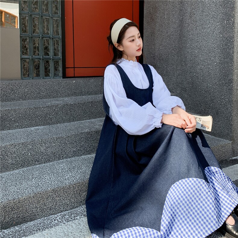 现货新款格子拼接牛仔学院风背带裙套装2C282-210P185K298,女装套装/套裙,2C282
