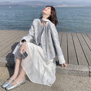 蓝色新中式提花外套女2025春秋新款国风上衣显瘦吊带连衣裙两件套图片