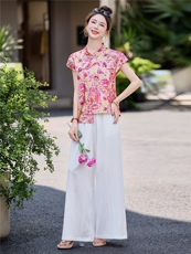 新中式国风提花套装女2025夏季新款复古盘扣旗袍上衣阔腿裤两件套，女装套装/套裙，众宇琦