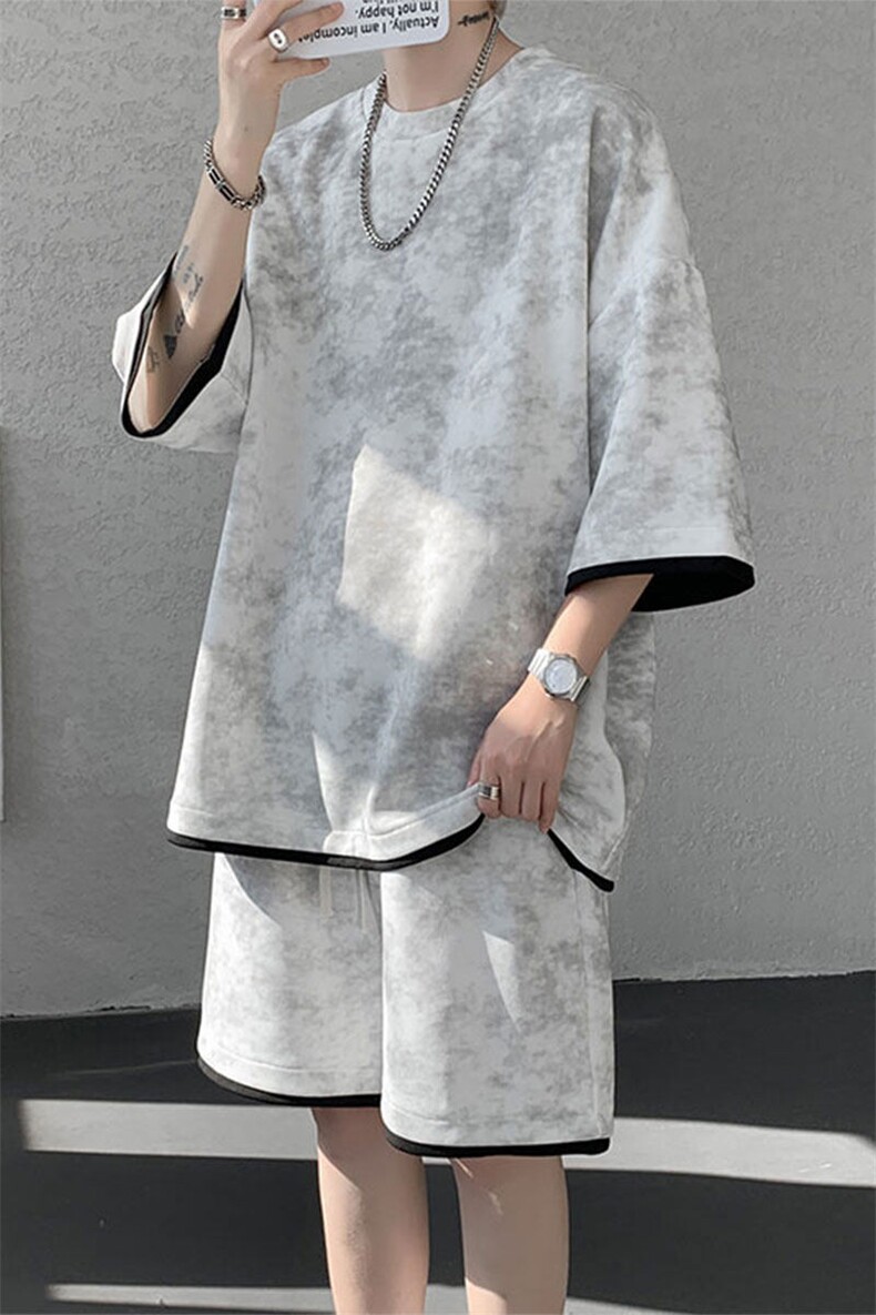 TZ775-特P50控88新款撞色拼接假2件套装短袖短裤T恤大码百搭,男装休闲套装,电商A059