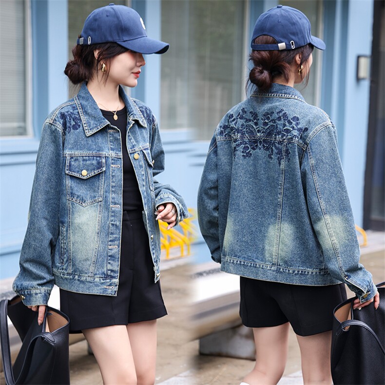 复古牛仔外套女工装风夹克2024秋新港风款宽松显瘦百搭短款上衣潮，女装牛仔外套，潮流依族