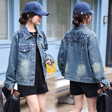 复古牛仔外套女工装风夹克2024秋新港风款宽松显瘦百搭短款上衣潮，女装牛仔外套，潮流依族