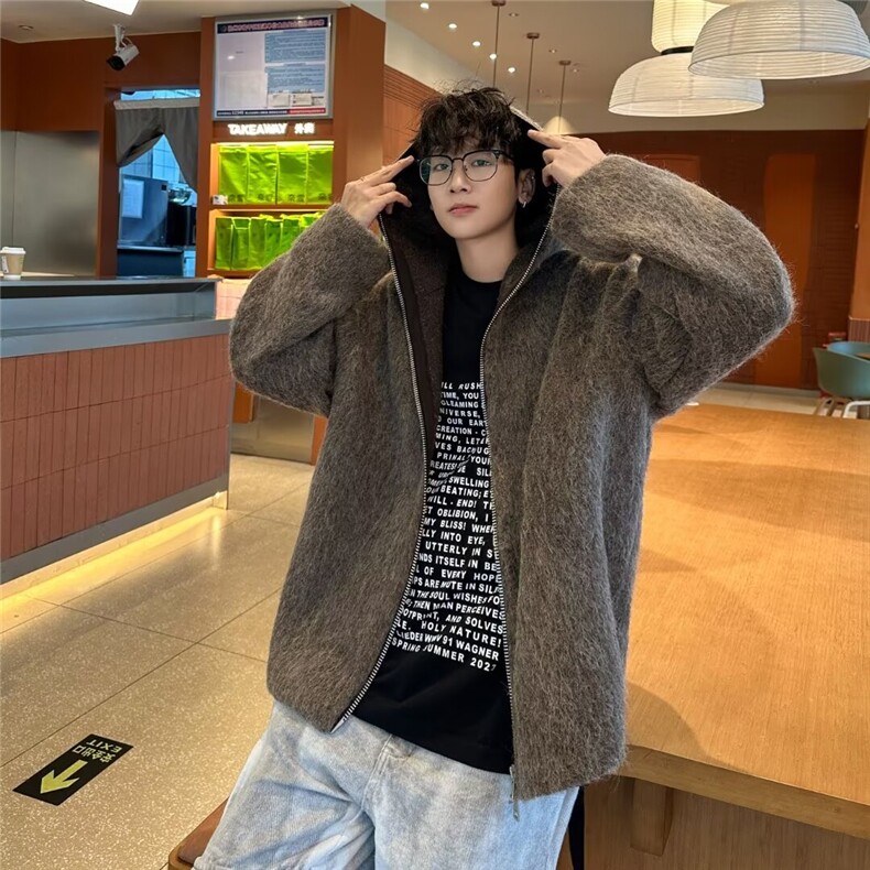 复古拉链连帽毛衣男秋冬季休闲宽松慵懒百搭针织外套8153-P95,男装棉衣,星座1001-1