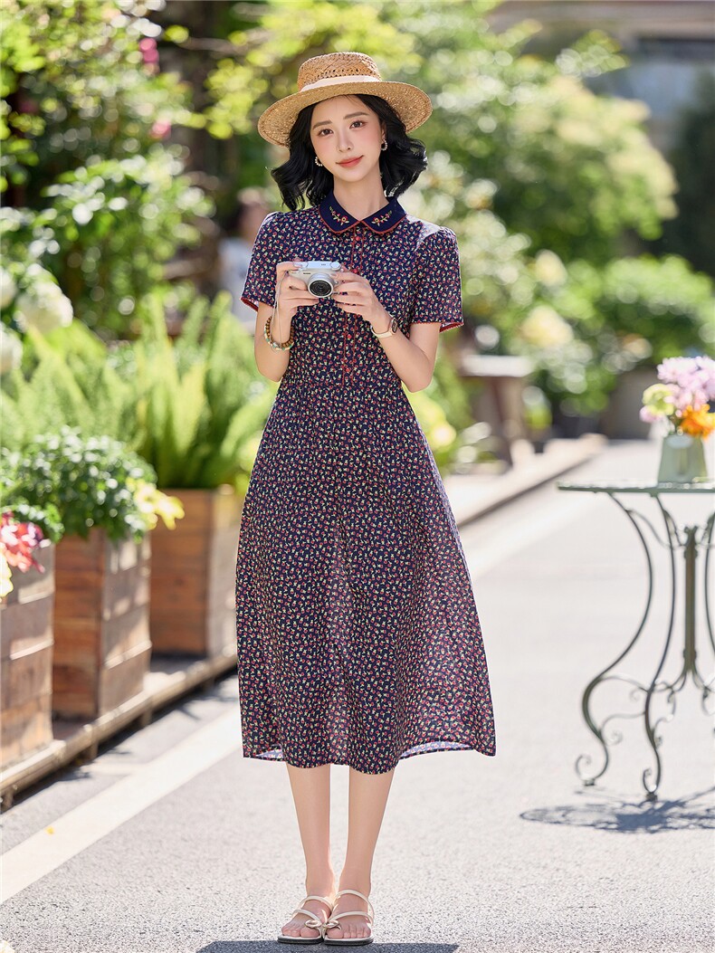 田园风碎花刺绣连衣裙女春夏收腰显瘦中长裙（细节图颜色为准）,女装连衣裙,水衣源