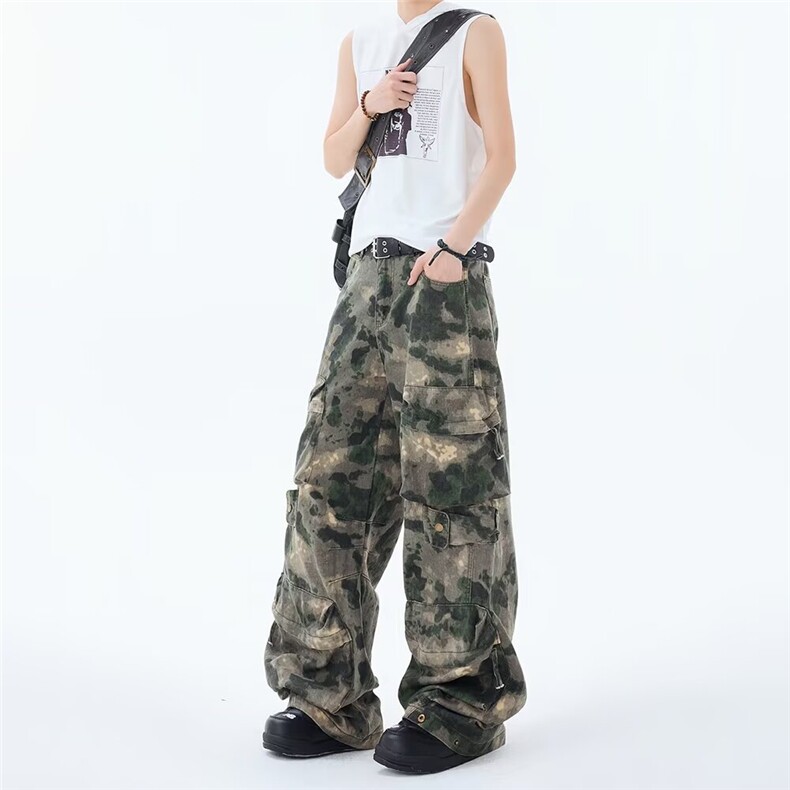 美式街头小众设计感重工迷彩工装裤多口袋水洗直筒裤TE312P95,男装工装外套,星座1013-1