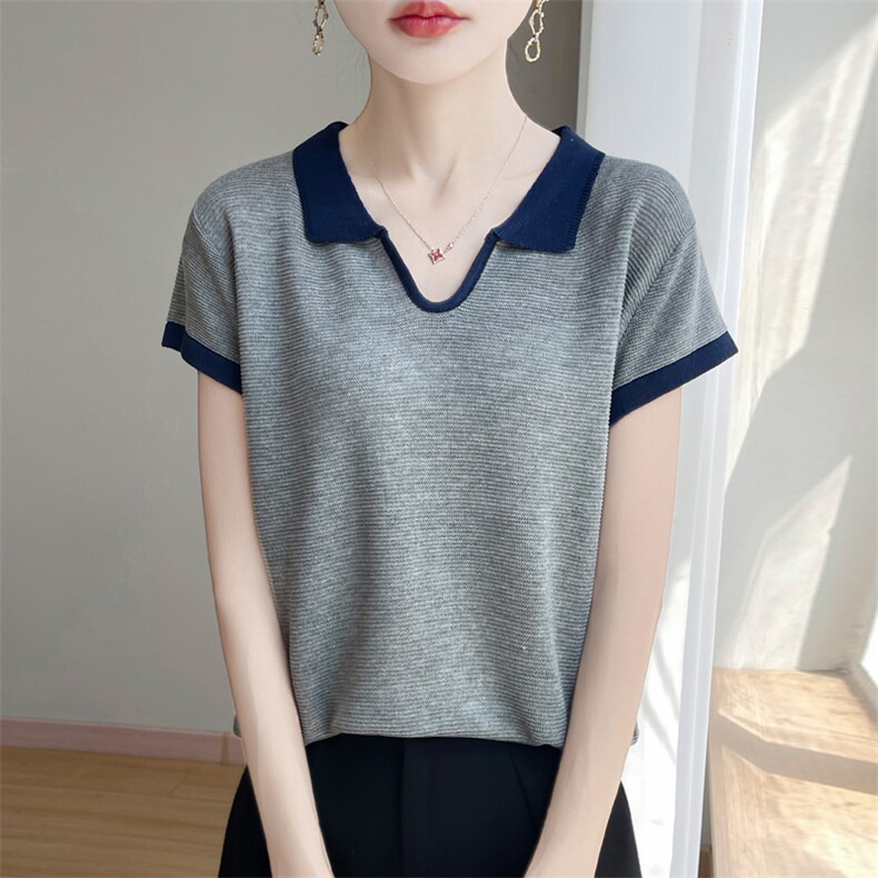 2025夏季新款女天丝苎麻剪刀Polo领拼色短袖圆领套头舒适打底衫,女装T恤,暖姿羊绒