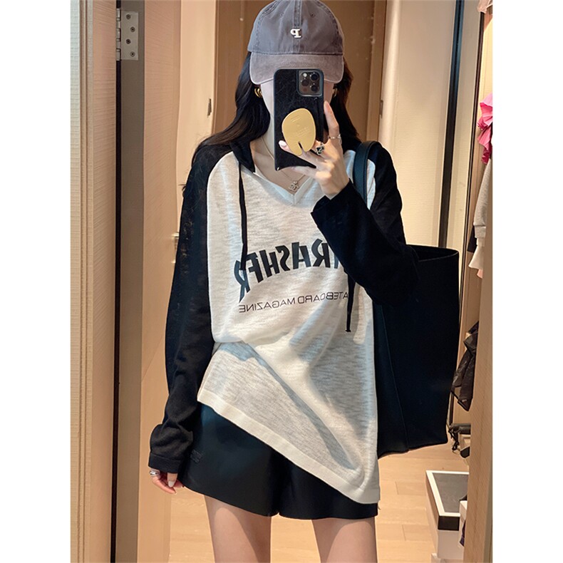 插肩袖V领拼色针织衫字母T恤女2022年早秋新款韩版简约百搭上衣,针织衫/毛衣,辉之琳