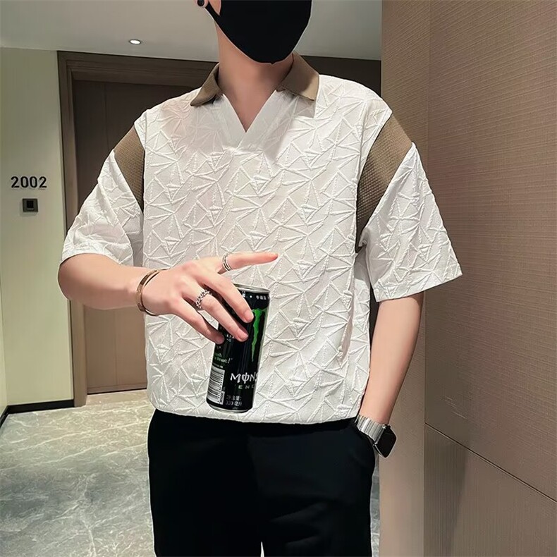 轻熟个性设计感短袖T恤男夏季痞帅修身翻领半截袖拼接撞色polo衫,男装T恤,星座1210-1